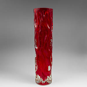 Tall red & clear glass vase unknown manufacturer